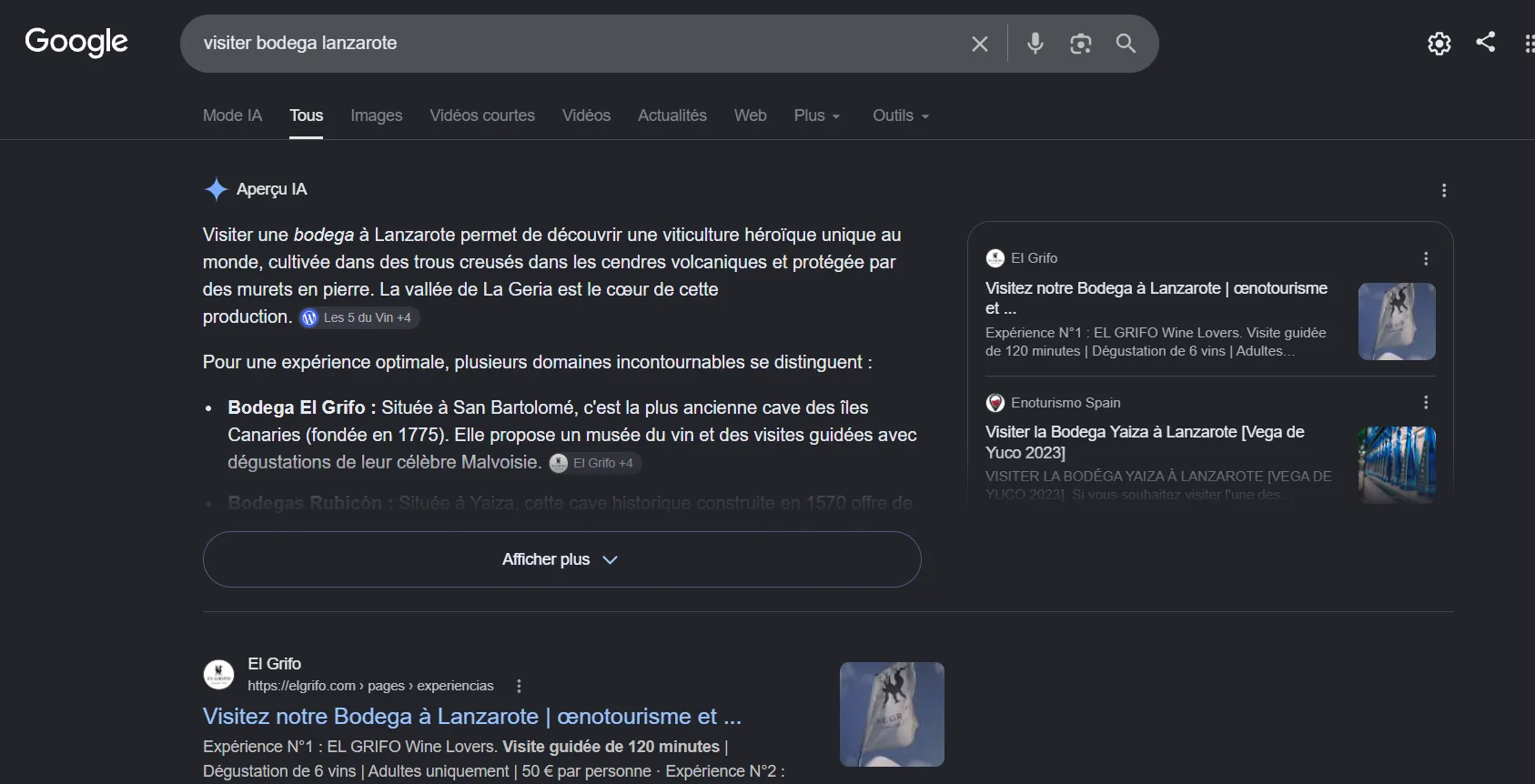 Aperçu IA de Google recommandant Bodega El Grifo pour la requête visiter bodega Lanzarote