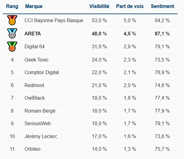 Classement de 11 marques citées par les IA sur le thème de l'accompagnement e-commerce au Pays basque, avec leur visibilité, leur part de voix et leur sentiment : la CCI Bayonne Pays Basque première, ARETA deuxième