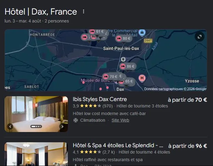 Module hôtels de Google pour « hôtel Dax » : les hôtels de la ville affichés avec notes et prix. Relevé de juillet 2026.