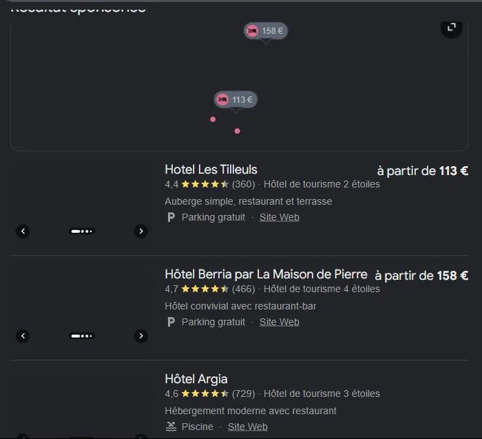 Module hôtels de Google pour « hôtel Hasparren » : les hôtels de la ville affichés avec notes et prix. Relevé de juillet 2026.