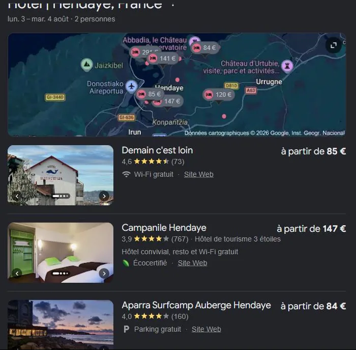 Module hôtels de Google pour « hôtel Hendaye » : les hôtels de la ville affichés avec notes et prix. Relevé de juillet 2026.