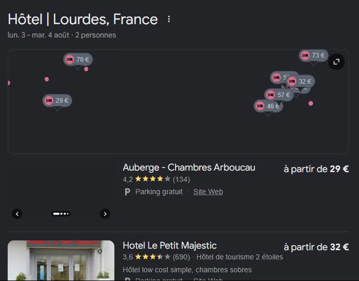 Module hôtels de Google pour « hôtel Lourdes » : les hôtels de la ville affichés avec notes et prix. Relevé de juillet 2026.