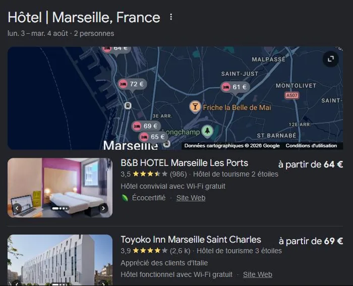 Module hôtels de Google pour « hôtel Marseille » : les hôtels de la ville affichés avec notes et prix. Relevé de juillet 2026.
