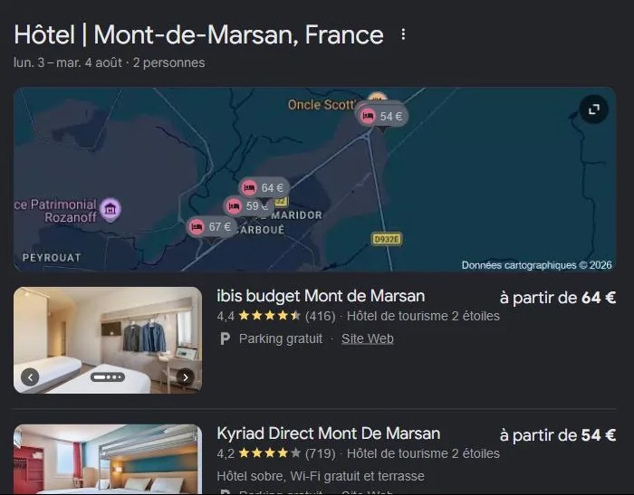 Module hôtels de Google pour « hôtel Mont-de-Marsan » : les hôtels de la ville affichés avec notes et prix. Relevé de juillet 2026.
