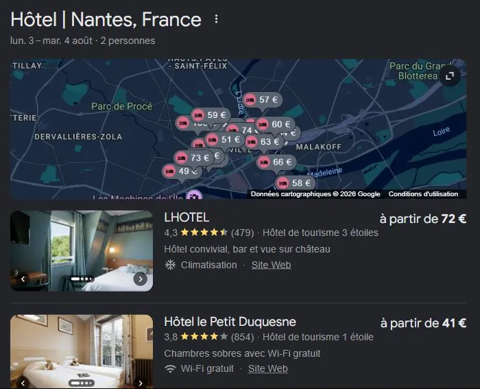 Module hôtels de Google pour « hôtel Nantes » : les hôtels de la ville affichés avec notes et prix. Relevé de juillet 2026.