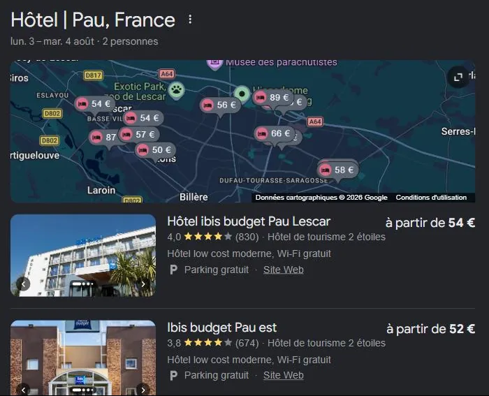 Module hôtels de Google pour « hôtel Pau » : les hôtels de la ville affichés avec notes et prix. Relevé de juillet 2026.
