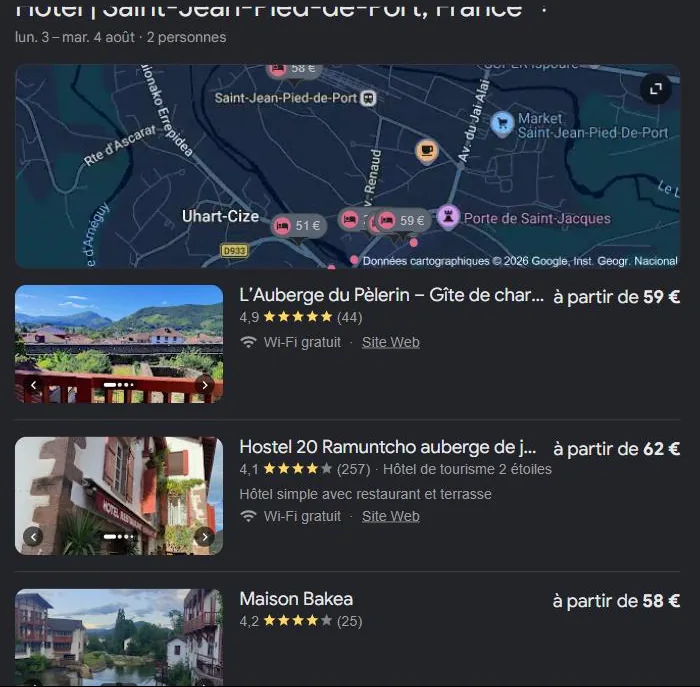Module hôtels de Google pour « hôtel Saint-Jean-Pied-de-Port » : les hôtels de la ville affichés avec notes et prix. Relevé de juillet 2026.