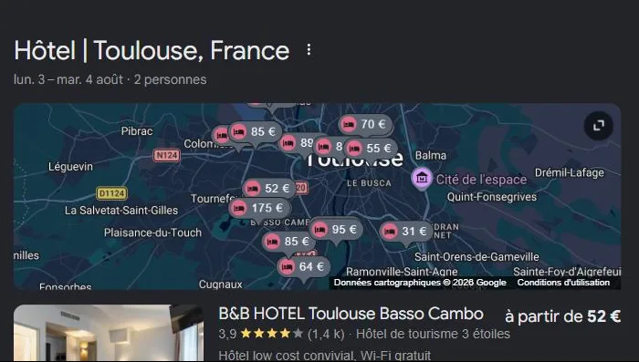 Module hôtels de Google pour « hôtel Toulouse » : les hôtels de la ville affichés avec notes et prix. Relevé de juillet 2026.
