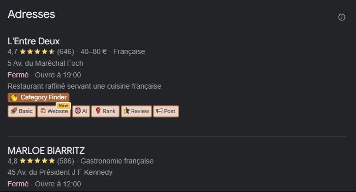 Pack local Google pour « meilleur restaurant Biarritz » : les restaurants les mieux notés géolocalisés sur la carte. Relevé de juillet 2026.