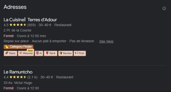 Pack local Google pour « meilleur restaurant Dax » : les restaurants les mieux notés géolocalisés sur la carte. Relevé de juillet 2026.