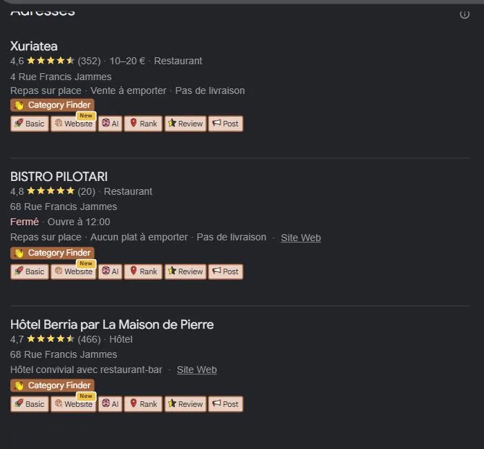 Pack local Google pour « meilleur restaurant Hasparren » : les restaurants les mieux notés géolocalisés sur la carte. Relevé de juillet 2026.