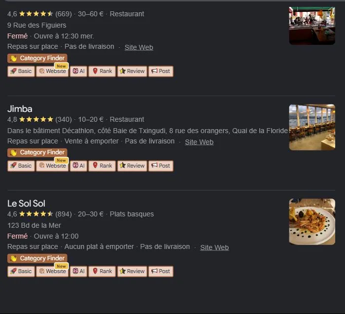 Pack local Google pour « meilleur restaurant Hendaye » : les restaurants les mieux notés géolocalisés sur la carte. Relevé de juillet 2026.