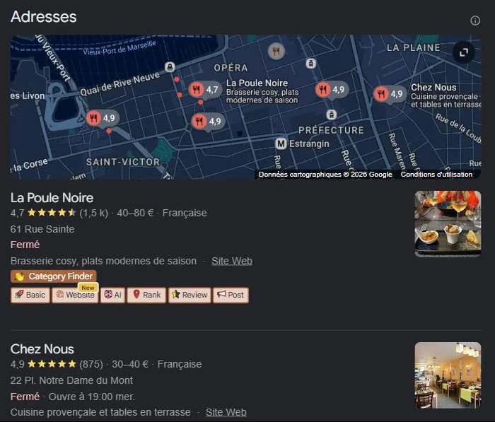Pack local Google pour « meilleur restaurant Marseille » : les restaurants les mieux notés géolocalisés sur la carte. Relevé de juillet 2026.