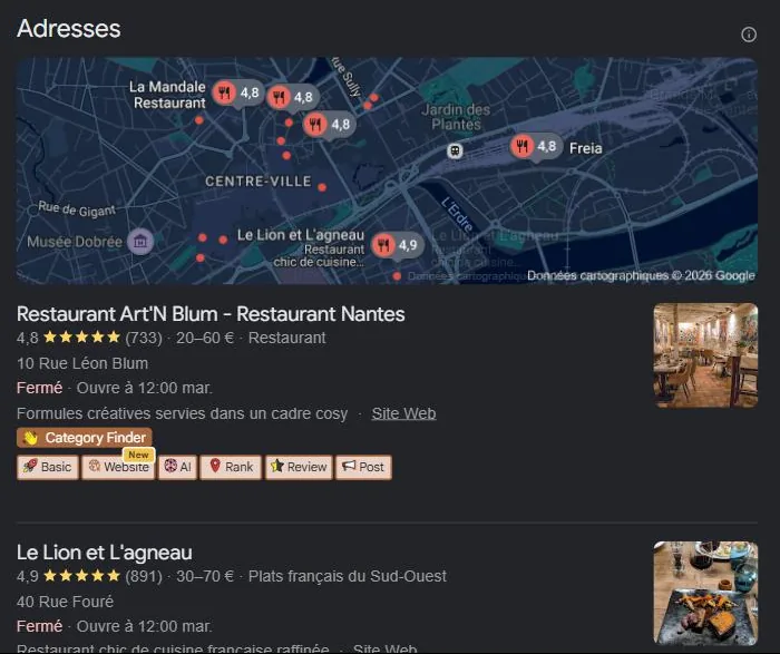 Pack local Google pour « meilleur restaurant Nantes » : les restaurants les mieux notés géolocalisés sur la carte. Relevé de juillet 2026.