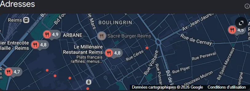 Pack local Google pour « meilleur restaurant Reims » : carte de Reims avec les restaurants les mieux notés géolocalisés, dont ARBANE 4,9 et Le Millénaire 4,8. Relevé de juillet 2026.