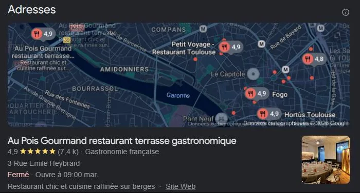 Pack local Google pour « meilleur restaurant Toulouse » : les restaurants les mieux notés géolocalisés sur la carte. Relevé de juillet 2026.