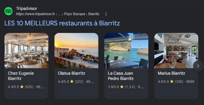 Section Sites de lieux de Google pour « meilleur restaurant Biarritz » : classements Tripadvisor, TheFork et guides, les sources que les IA recoupent. Relevé de juillet 2026.