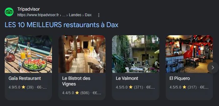 Section Sites de lieux de Google pour « meilleur restaurant Dax » : classements Tripadvisor, TheFork et guides, les sources que les IA recoupent. Relevé de juillet 2026.