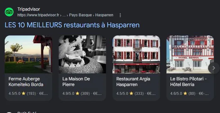 Section Sites de lieux de Google pour « meilleur restaurant Hasparren » : classements Tripadvisor, TheFork et guides, les sources que les IA recoupent. Relevé de juillet 2026.