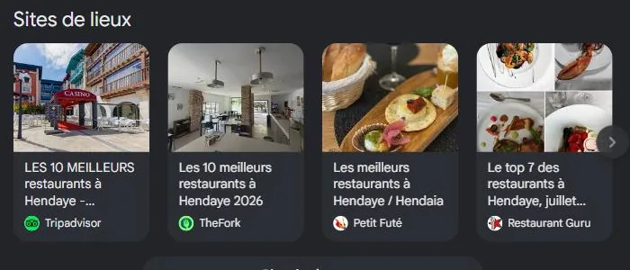 Section Sites de lieux de Google pour « meilleur restaurant Hendaye » : classements Tripadvisor, TheFork et guides, les sources que les IA recoupent. Relevé de juillet 2026.
