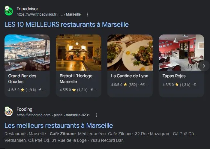 Section Sites de lieux de Google pour « meilleur restaurant Marseille » : classements Tripadvisor, Le Fooding et guides, les sources que les IA recoupent. Relevé de juillet 2026.