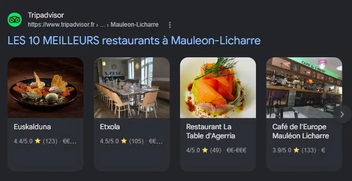 Section Sites de lieux de Google pour « meilleur restaurant Mauléon » : classements Tripadvisor, TheFork et guides, les sources que les IA recoupent. Relevé de juillet 2026.