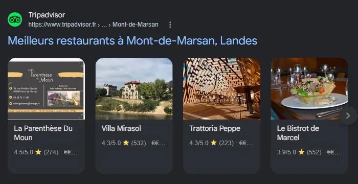 Section Sites de lieux de Google pour « meilleur restaurant Mont-de-Marsan » : classements Tripadvisor, TheFork et guides, les sources que les IA recoupent. Relevé de juillet 2026.