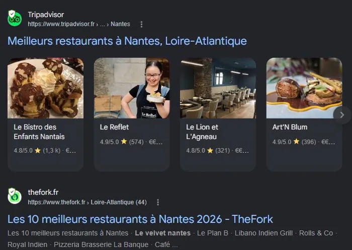 Section Sites de lieux de Google pour « meilleur restaurant Nantes » : classements Tripadvisor, TheFork et guides, les sources que les IA recoupent. Relevé de juillet 2026.