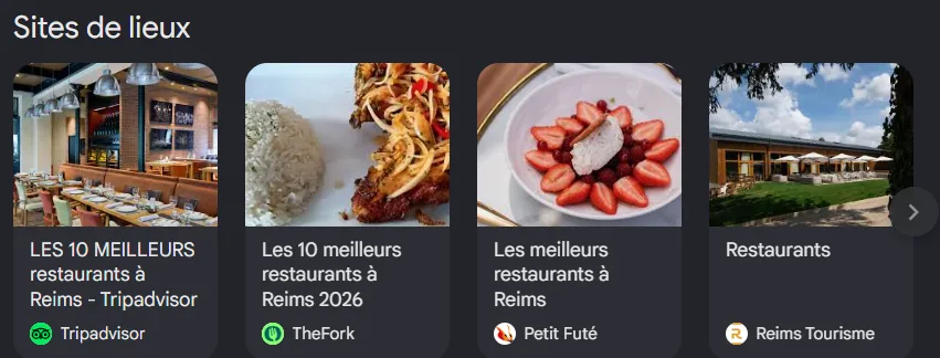 Section Sites de lieux de Google pour « meilleur restaurant Reims » : classements Tripadvisor, TheFork, Petit Futé et Reims Tourisme, les sources que les IA recoupent. Relevé de juillet 2026.