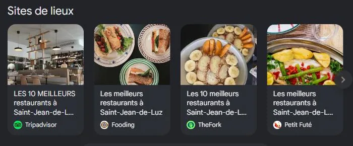Section Sites de lieux de Google pour « meilleur restaurant Saint-Jean-de-Luz » : classements Tripadvisor, TheFork et guides, les sources que les IA recoupent. Relevé de juillet 2026.