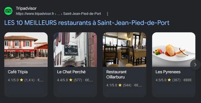Section Sites de lieux de Google pour « meilleur restaurant Saint-Jean-Pied-de-Port » : classements Tripadvisor, TheFork et guides, les sources que les IA recoupent. Relevé de juillet 2026.