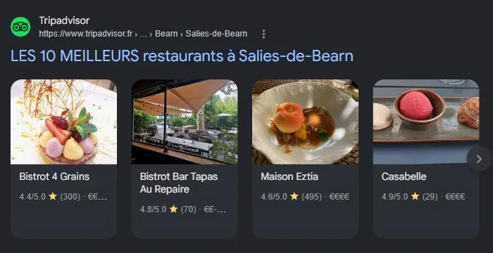 Section Sites de lieux de Google pour « meilleur restaurant Salies-de-Béarn » : classements Tripadvisor, TheFork et guides, les sources que les IA recoupent. Relevé de juillet 2026.