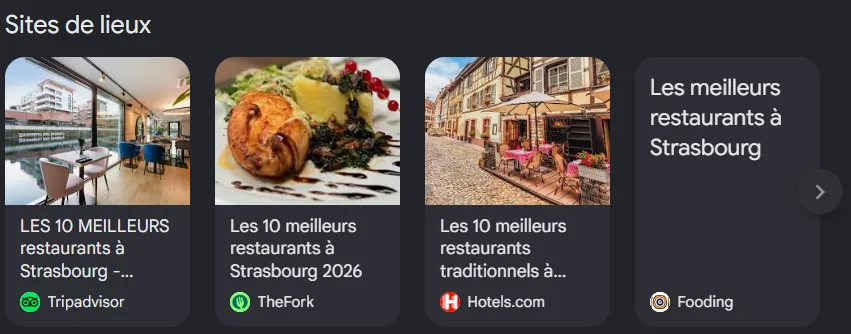 Section Sites de lieux de Google pour « meilleur restaurant Strasbourg » : classements Tripadvisor, TheFork et guides, les sources que les IA recoupent. Relevé de juillet 2026.