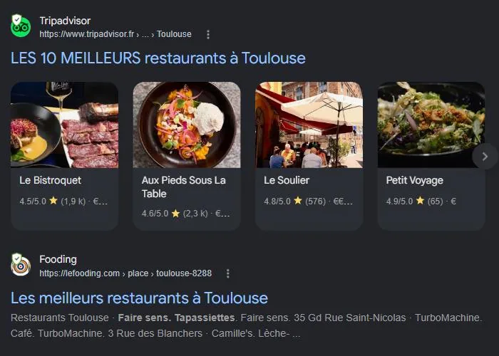 Section Sites de lieux de Google pour « meilleur restaurant Toulouse » : classements Tripadvisor, TheFork et guides, les sources que les IA recoupent. Relevé de juillet 2026.